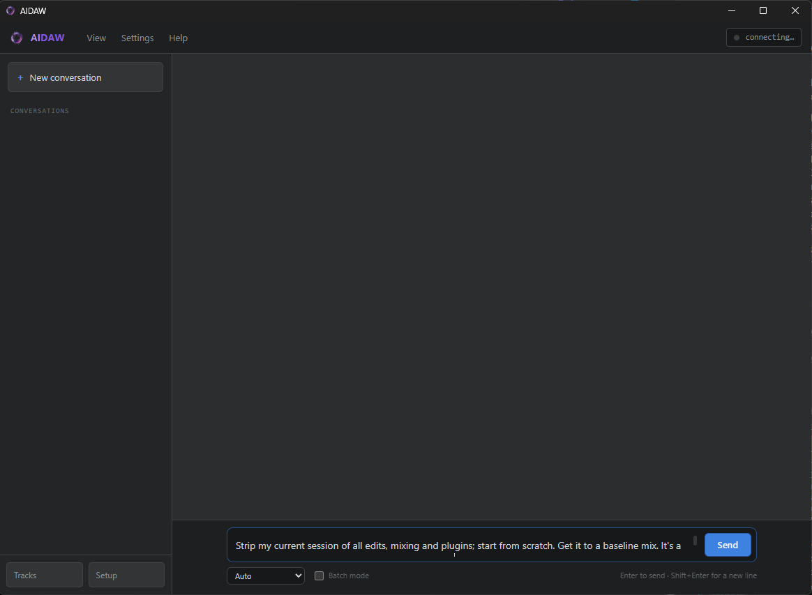 AIDAW, a chat-driven DAW interface, mid conversation about stripping a session back to a baseline mix